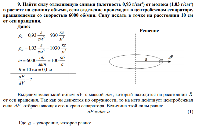 Найти силу отделяющую сливки (плотность 0,93 г/см3 ) от молока (1,03 г/см3 ) в расчете на единицу объема, если отделение происходит в центробежном сепараторе, вращающемся со скоростью 6000 об/мин. Силу искать в точке на расстоянии 10 см от оси вращения. 