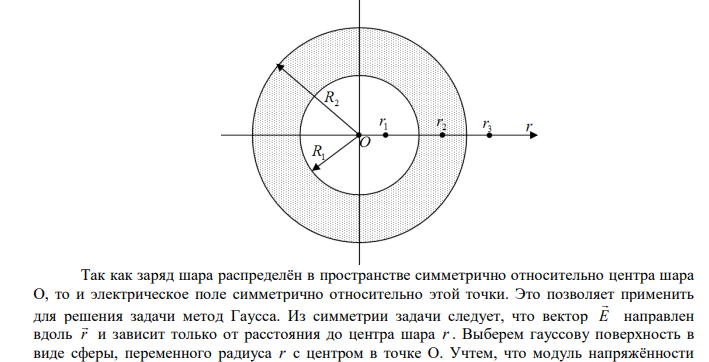  Полый стеклянный шар несет равномерно распределенный по объему заряд с плотностью 100 нКл/м3 . Внутренний радиус шара 5 см, наружный – 10 см. Найти напряженность и смещение электрического поля в точках, удаленных на 12 см от центра шара.