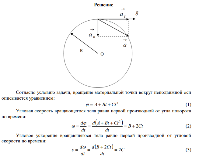 Вращение материальной точки вокруг неподвижной оси описывается уравнением φ=А+Вt+Ct2 , где А=1 рад, В=2 рад/с, С= - 1 рад/с2 .