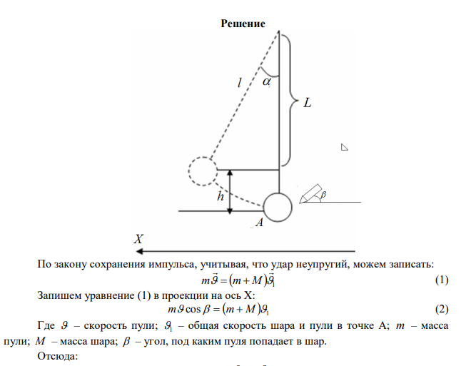 В шар массой 1,6 кг, подвешенный на нерастяжимой нити длиной 80 см, попадает и застревает пуля массой 10 г, летевшая под углом 600 к горизонту. 