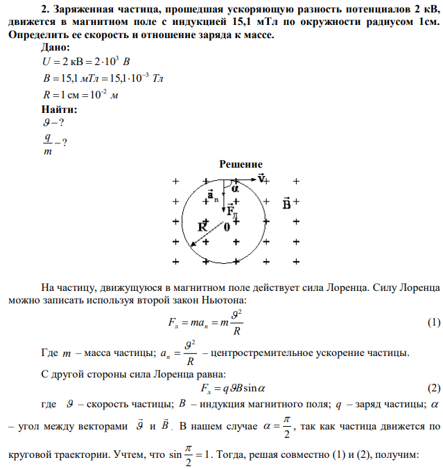 Заряженная частица, прошедшая ускоряющую разность потенциалов 2 кВ, движется в магнитном поле с индукцией 15,1 мТл по окружности радиусом 1см. Определить ее скорость и отношение заряда к массе. 