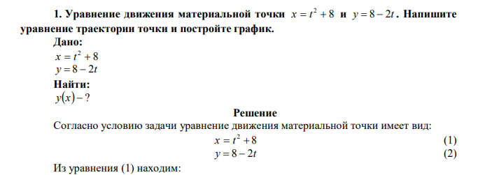 Уравнение движения материальной точки 8 2 x  t  и y  8  2t . Напишите уравнение траектории точки и постройте график. Дано: 8 2 x  t  y  8  2t Найти: yx  ?