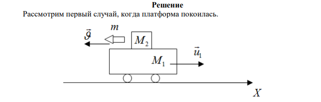 На рельсах стоит платформа массой M кг 4 1 10 . На платформе закреплено орудие массой M кг 3 2  510 , из которого производится выстрел вдоль рельсов. Масса снаряда m 1000 кг , его скорость вылета из орудия с м   500 . Определите скорость платформы в первый момент после выстрела, если 1) платформа покоилась; 2) платформа двигалась со скоростью 5 м/с в направлении, противоположном выстрелу. 