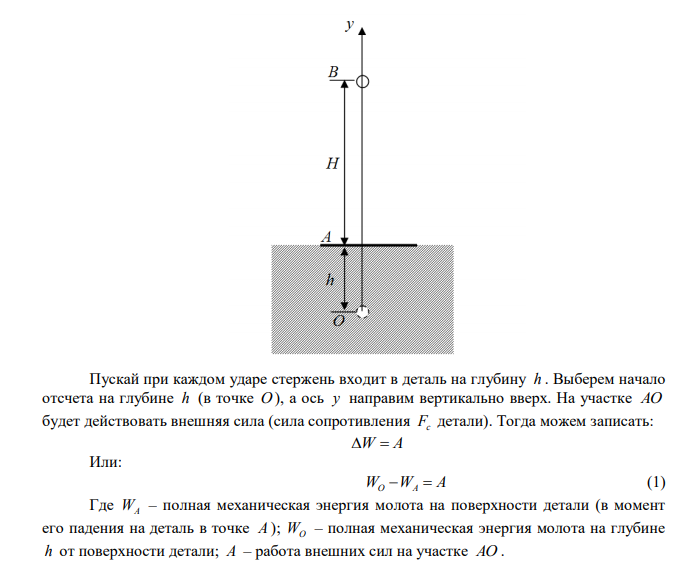  Молот массой 600 кг, падая с высоты 3м, забивает стержень в деталь. Найти среднюю силу сопротивления, если при каждом ударе стержень входит в деталь на глубину 6см. Удар считать абсолютно неупругим. 