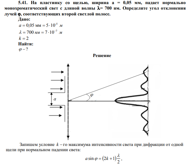 На пластинку со щелью, ширина а = 0,05 мм, падает нормально монохроматический свет с длиной волны = 700 нм. Определите угол отклонения лучей , соответствующих второй светлой полосе. 