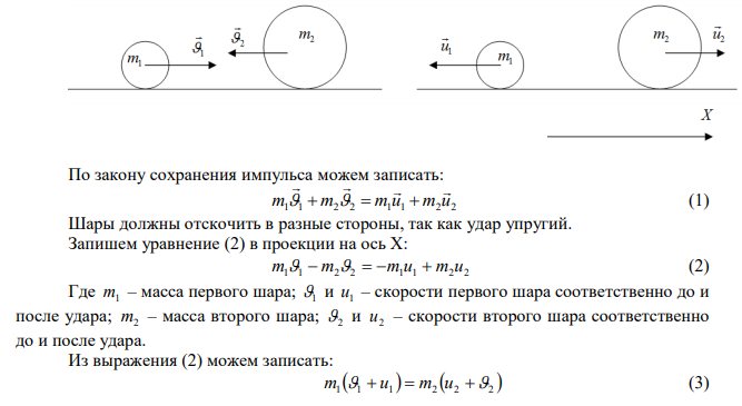  Шар массой m1 = 4 кг движется со скоростью υ1 = 5 м/с и сталкивается с шаром массой m2 = 6 кг , движущимся ему навстречу со скоростью υ2 = 2 м/с. Определите скорости шаров после удара. Удар считать лобовым. 