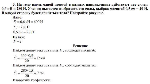 На тело вдоль одной прямой в разных направлениях действуют две силы: 0,6 кН и 280 Н. Ученик пытается изобразить эти силы, выбрав масштаб 0,5 см = 20 Н. В какую сторону будет двигаться тело? Постройте рисунок. 