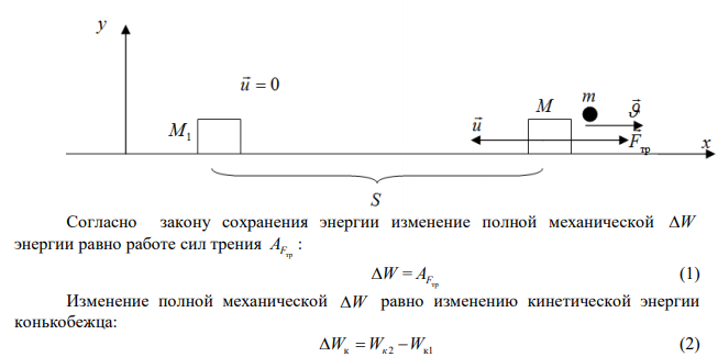 Конькобежец массой М =60 кг, стоя на коньках на льду, бросает в горизонтальном направлении мяч массой m = 1 кг со скоростью V = 10 м/с. На какое расстояние откатится при этом конькобежец, если коэффициент трения коньков о лед =0,01?  