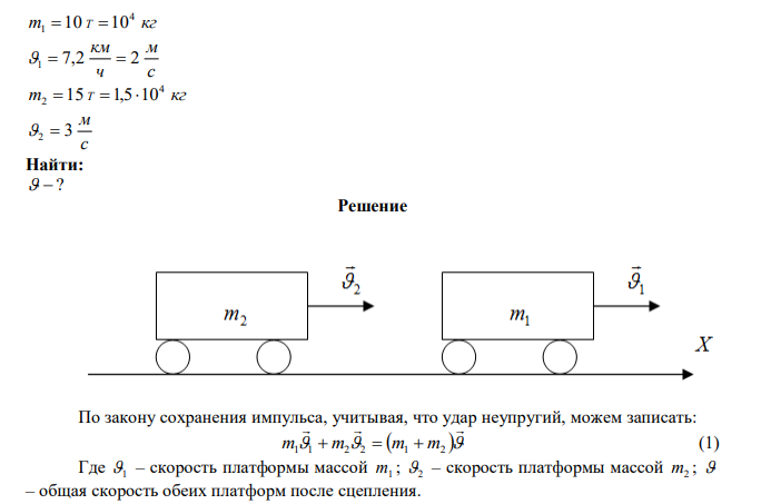  Платформа массой m 10 Т 1  движется со скоростью ч км 1  7,2 . Ее нагоняет другая платформа массой m 15 Т 2  , движущаяся со скоростью с м 2  3 , после чего обе платформы продолжают движение совместно. Определить общую скорость движения. 