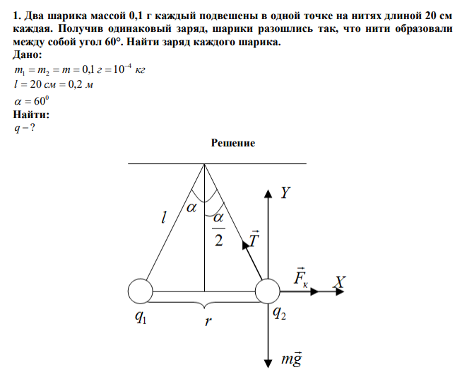  Два шарика массой 0,1 г каждый подвешены в одной точке на нитях длиной 20 см каждая. Получив одинаковый заряд, шарики разошлись так, что нити образовали между собой угол 60°. Найти заряд каждого шарика. 