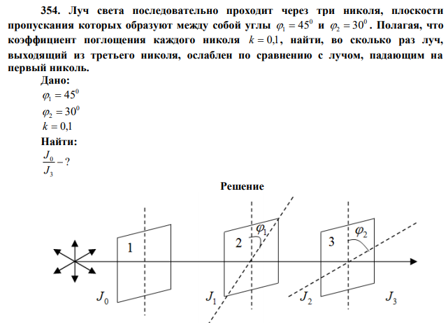 Луч света последовательно проходит через три николя, плоскости пропускания которых образуют между собой углы 0 1  45 и 0 2  30 . Полагая, что коэффициент поглощения каждого николя k  0,1 , найти, во сколько раз луч, выходящий из третьего николя, ослаблен по сравнению с лучом, падающим на первый николь. 