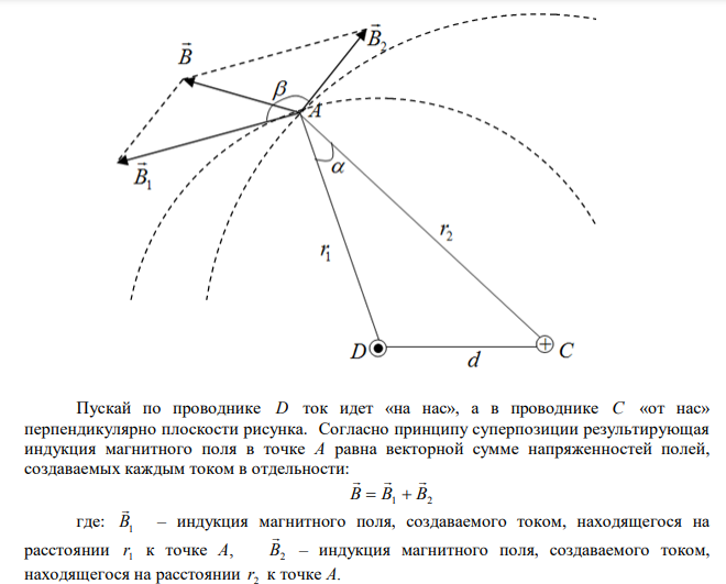 По двум бесконечно длинным прямым параллельным проводам текут токи силой I1=50 A и I2=100 A в противоположных направлениях.  Расстояние d между проводами равно 20 см. Определить магнитную индукцию B в точке удалённой на r1 = 25 см от первого и на r2 = 40 см от второго провода