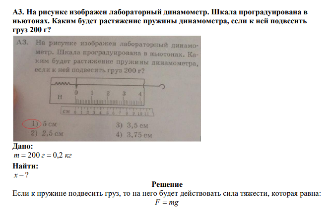  На рисунке изображен лабораторный динамометр. Шкала проградуирована в ньютонах. Каким будет растяжение пружины динамометра, если к ней подвесить груз 200 г? 