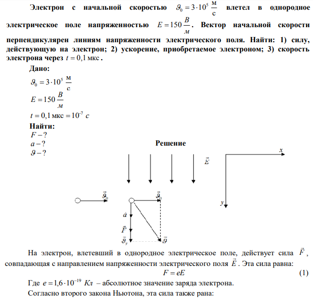 Электрон с начальной скоростью с м 3 105 0    влетел в однородное электрическое поле напряженностью м В Е  150. Вектор начальной скорости перпендикулярен линиям напряженности электрического поля. Найти: 1) силу, действующую на электрон; 2) ускорение, приобретаемое электроном; 3) скорость электрона через t  0,1мкс .