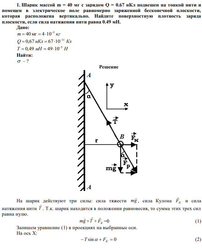 Шарик массой m = 40 мг с зарядом Q = 0.67 нКл подвешен на тонкой нити и помещен в электрическое поле равномерно заряженной бесконечной плоскости, которая расположена вертикально. Найдите поверхностную плотность заряда плоскости, если сила натяжения нити равна 0.49 мН. 