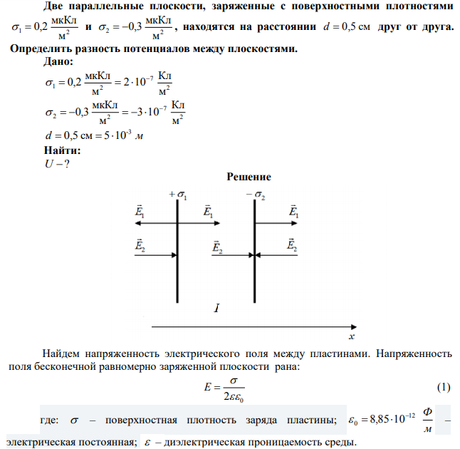 Две параллельные плоскости, заряженные с поверхностными плотностями 1 2 м мкКл   0,2 и 2 2 м мкКл   0,3 , находятся на расстоянии d  0,5 см друг от друга. Определить разность потенциалов между плоскостями. 