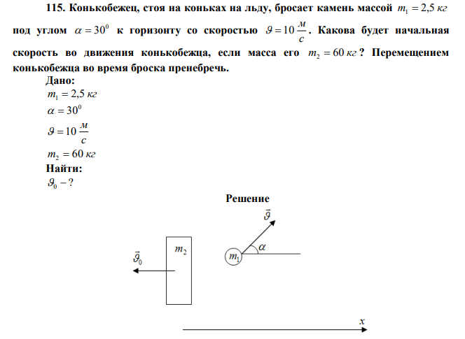 Конькобежец, стоя на коньках на льду, бросает камень массой m 2,5 кг 1  под углом 0   30 к горизонту со скоростью с м   10 . Какова будет начальная скорость во движения конькобежца, если масса его m 60 кг 2  ? Перемещением конькобежца во время броска пренебречь. 