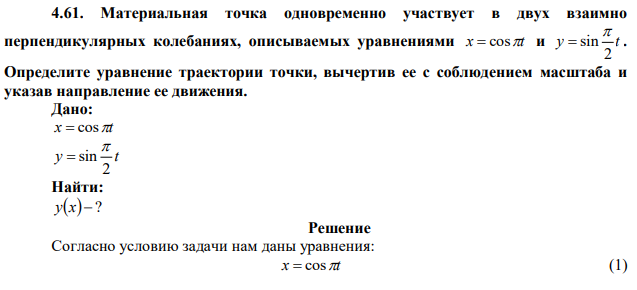 Материальная точка одновременно участвует в двух взаимно перпендикулярных колебаниях, описываемых уравнениями x  cost и y t 2 sin   . Определите уравнение траектории точки, вычертив ее с соблюдением масштаба и указав направление ее движения. 