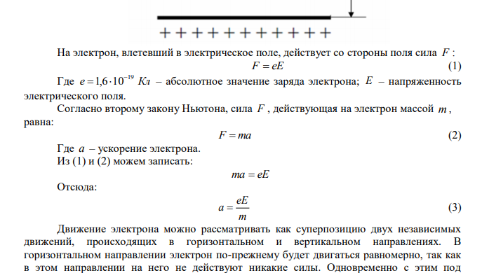 Электрон влетает в плоский воздушный конденсатор со скоростью с 7 м   2,010 , направленной параллельно его пластинам, расстояние между которыми d=2,0 см.