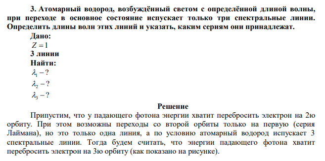 Атомарный водород, возбуждённый светом с определённой длиной волны, при переходе в основное состояние испускает только три спектральные линии. Определить длины волн этих линий и указать, каким сериям они принадлежат. 