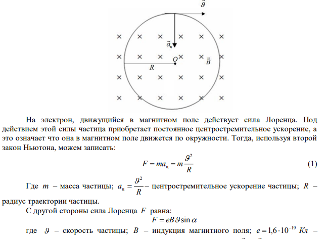 Электрон, прошедший ускоряющую разность потенциалов U = 500 В, попал в вакууме в однородное магнитное поле и движется по окружности радиуса R = 10 см.