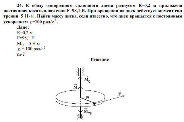 К ободу однородного сплошного диска радиусом R=0,2 м приложена постоянная касательная сила F=98,1 Н. При вращении на диск действует момент сил трения 5 Н м . Найти массу диска, если известно, что диск вращается с постоянным ускорением  =100 рад/ 2 с . 