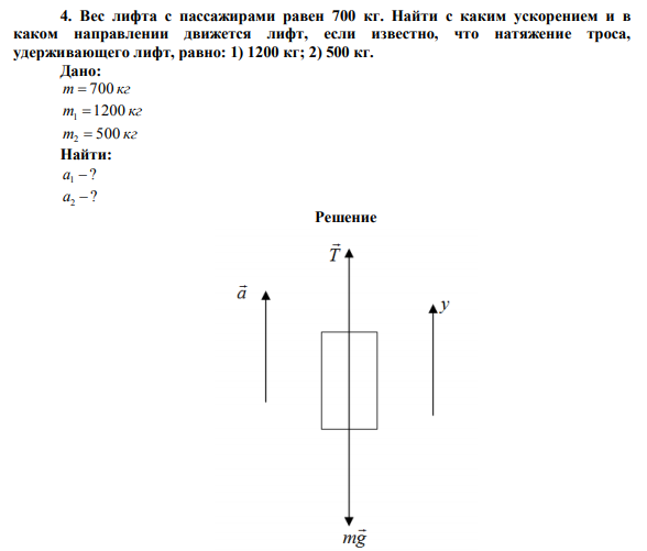 Вес лифта с пассажирами равен 700 кг. Найти с каким ускорением и в каком направлении движется лифт, если известно, что натяжение троса, удерживающего лифт, равно: 1) 1200 кг; 2) 500 кг.