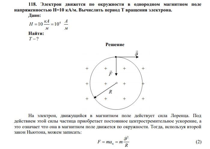 Электрон движется по окружности в однородном магнитном поле напряженностью H=10 кА/м. Вычислить период T вращения электрона. Дано: м А м кА H 4 10 10 Найти: Т  ? 