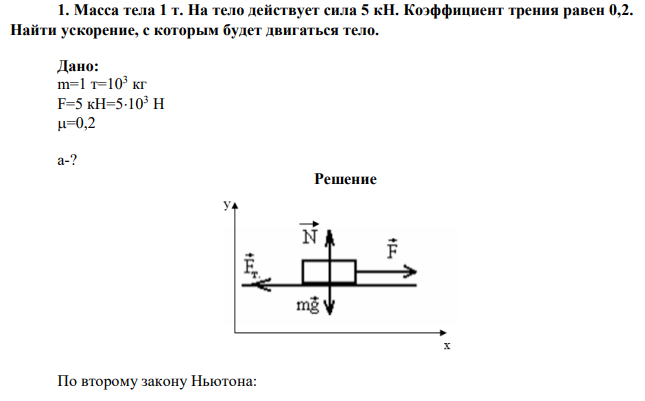Масса тела 1 т. На тело действует сила 5 кН. Коэффициент трения равен 0,2. Найти ускорение, с которым будет двигаться тело. 