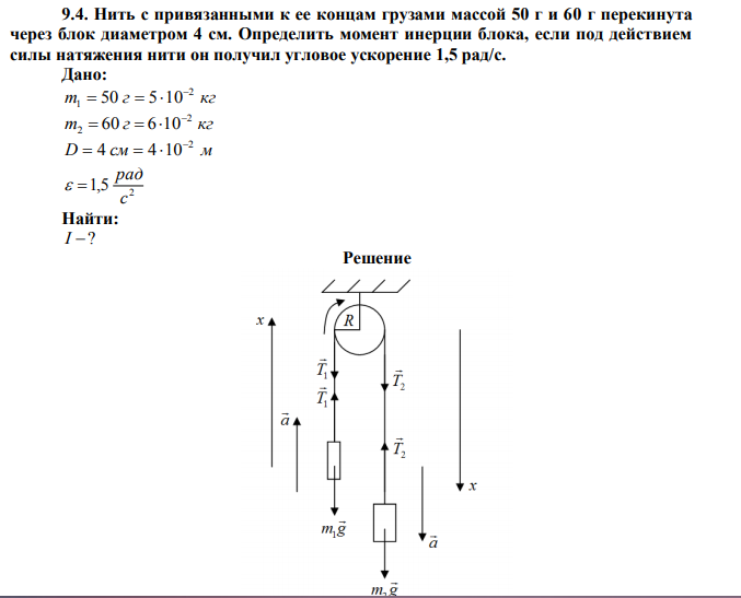 Нить с привязанными к ее концам грузами массой 50 г и 60 г перекинута через блок диаметром 4 см.