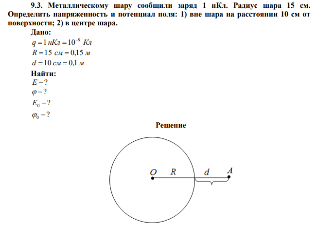 Металлическому шару сообщили заряд 1 нКл. Радиус шара 15 см. Определить напряженность и потенциал поля: 1) вне шара на расстоянии 10 см от поверхности; 2) в центре шара. 
