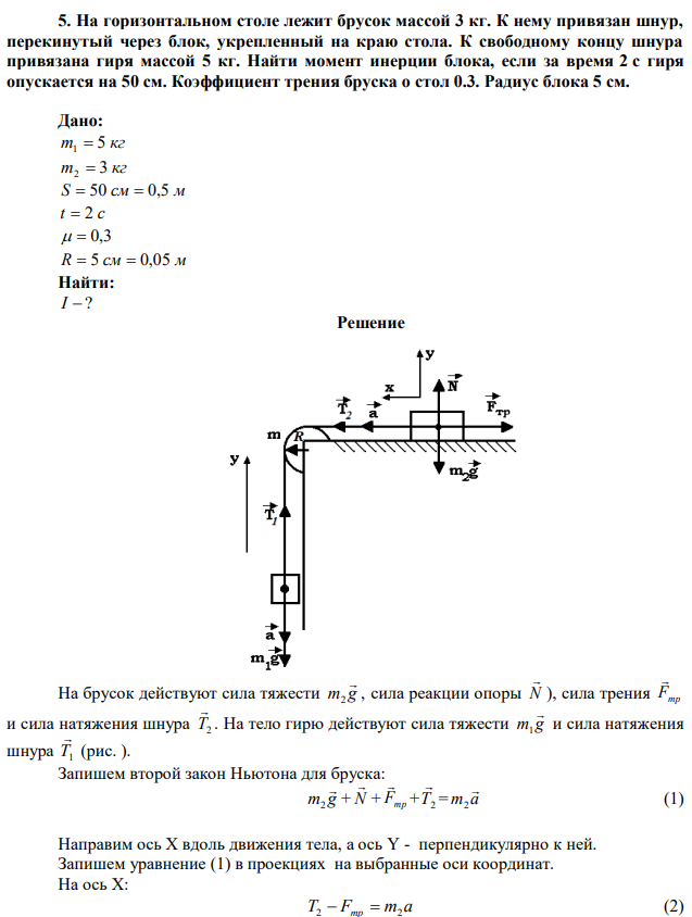 На горизонтальном столе лежит брусок массой 3 кг. К нему привязан шнур, перекинутый через блок, укрепленный на краю стола. К свободному концу шнура привязана гиря массой 5 кг. Найти момент инерции блока, если за время 2 с гиря опускается на 50 см. Коэффициент трения бруска о стол 0.3. Радиус блока 5 см 