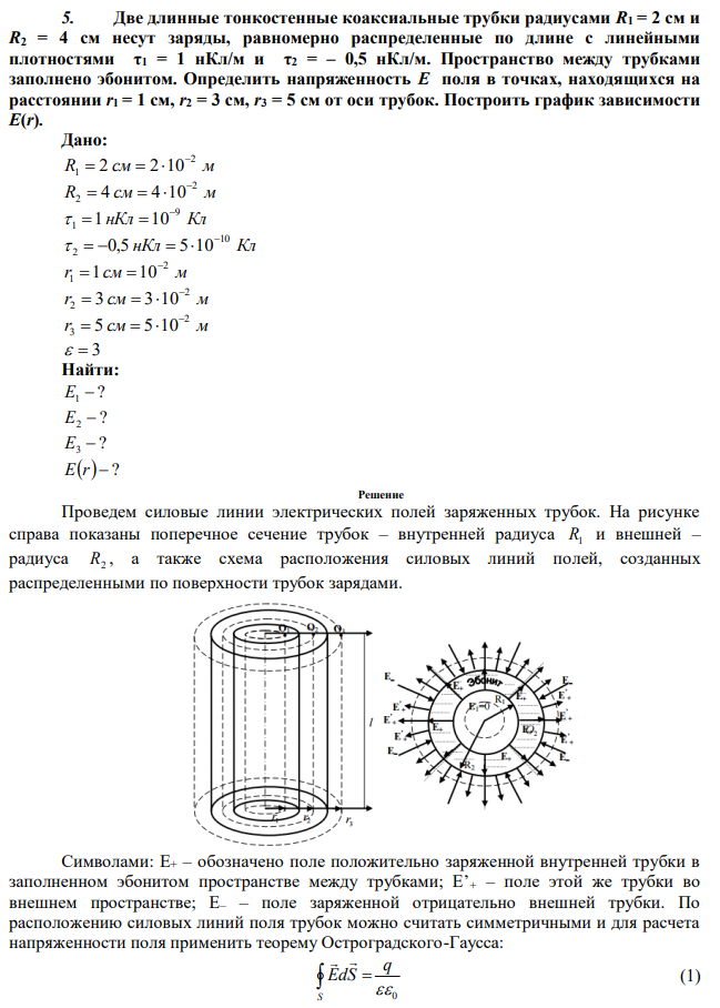 Две длинные тонкостенные коаксиальные трубки радиусами R1 = 2 см и R2 = 4 см несут заряды, равномерно распределенные по длине с линейными плотностями τ1 = 1 нКл/м и τ2 = – 0,5 нКл/м. Пространство между трубками заполнено эбонитом. Определить напряженность Е поля в точках, находящихся на расстоянии r1 = 1 см, r2 = 3 см, r3 = 5 см от оси трубок. Построить график зависимости Е(r) 