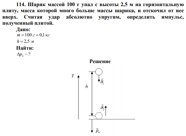 Шарик массой 100 г упал с высоты 2,5 м на горизонтальную плиту, масса которой много больше массы шарика, и отскочил от нее вверх. Считая удар абсолютно упругим, определить импульс, полученный плитой. 