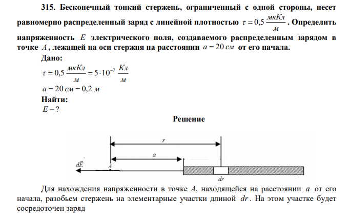 Бесконечный тонкий стержень, ограниченный с одной стороны, несет равномерно распределенный заряд с линейной плотностью м мкКл   0,5 . Определить напряженность Е электрического поля, создаваемого распределенным зарядом в точке А , лежащей на оси стержня на расстоянии а  20 см от его начала. 