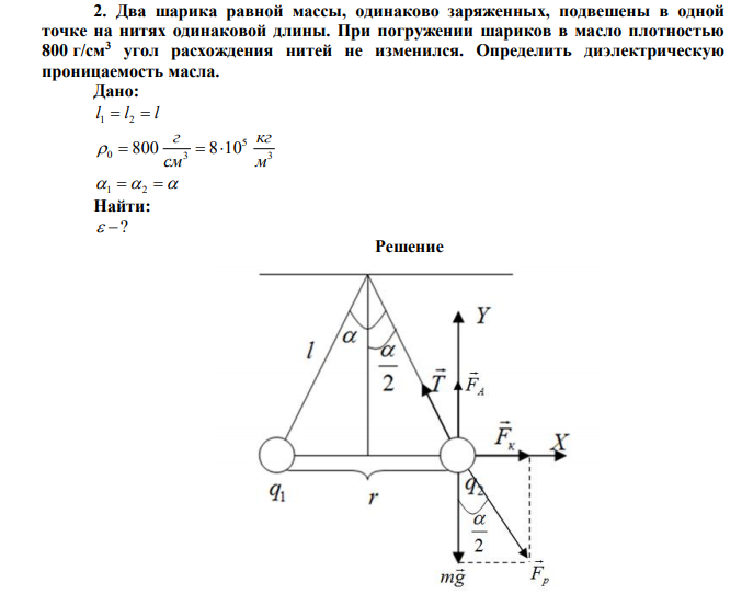 Два шарика равной массы, одинаково заряженных, подвешены в одной точке на нитях одинаковой длины. При погружении шариков в масло плотностью 800 г/см3 угол расхождения нитей не изменился. Определить диэлектрическую проницаемость масла. 