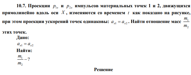 Проекции x p1 и x p2 импульсов материальных точек 1 и 2, движущихся прямолинейно вдоль оси X , изменяются со временем t как показано на рисунке, при этом проекции ускорений точек одинаковы: ax1  ax2 . Найти отношение масс 2 1 m m этих точек.