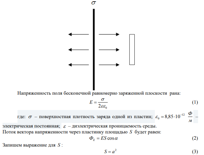  Плоская квадратная пластинка со стороной 10 см находится на расстоянии 10 см от бесконечной равномерно заряженной плоскости с поверхностной плотностью 1 мкКл/м2 . Вычислить поток вектора напряженности поля через пластинку. 