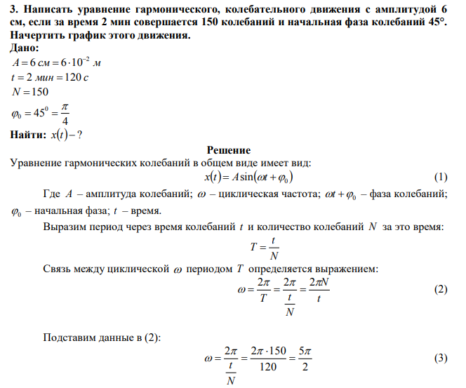 Написать уравнение гармонического, колебательного движения с амплитудой 6 см, если за время 2 мин совершается 150 колебаний и начальная фаза колебаний 45°. Начертить график этого движения. 