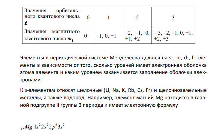 Сколько и какие значения может принимать магнитное квантовое число ml при орбитальном квантовом числе l = 0; 1; 2 и 3? Какие элементы в периодической системе носят название s-, р-, d-, f-элементов? Приведите примеры. 