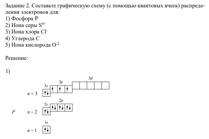  Составьте графическую схему (с помощью квантовых ячеек) распределения электронов для: 1) Фосфора P 2) Иона серы S4+ 3) Иона хлора Cl4) Углерода C 5) Иона кислорода O -2 