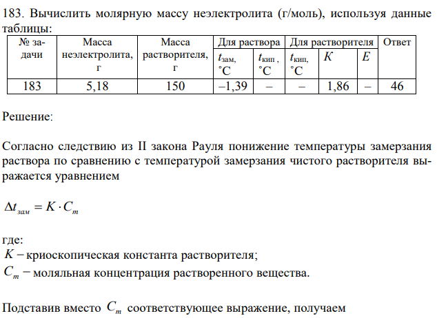 Вычислить молярную массу неэлектролита (г/моль), используя данные таблицы