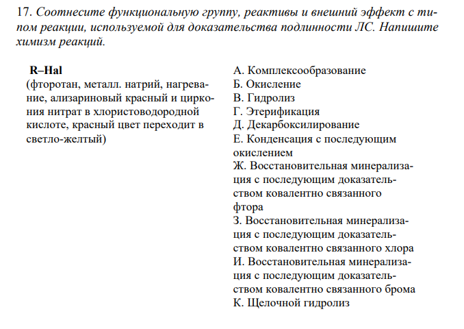 Соотнесите функциональную группу, реактивы и внешний эффект с типом реакции, используемой для доказательства подлинности ЛС. Напишите химизм реакций. 