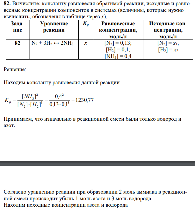 Вычислите: константу равновесия обратимой реакции, исходные и равновесные концентрации компонентов в системах (величины, которые нужно вычислить, обозначены в таблице через х). 