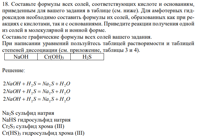 Составьте формулы всех солей, соответствующих кислоте и основаниям, приведенным для вашего задания в таблице (см. ниже). Для амфотерных гидроксидов необходимо составить формулы их солей, образованных как при реакциях с кислотами, так и с основаниями. Приведите реакции получения одной из солей в молекулярной и ионной форме. Составьте графические формулы всех солей вашего задания. При написании уравнений пользуйтесь таблицей растворимости и таблицей степеней диссоциации (см. приложение, таблицы 3 и 4). 