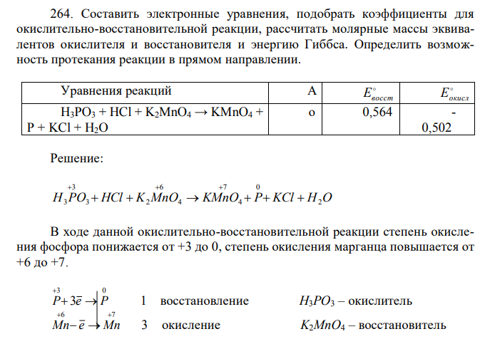 уравнения, подобрать коэффициенты для окислительно-восстановительной реакции, рассчитать молярные массы эквивалентов окислителя и восстановителя и энергию Гиббса