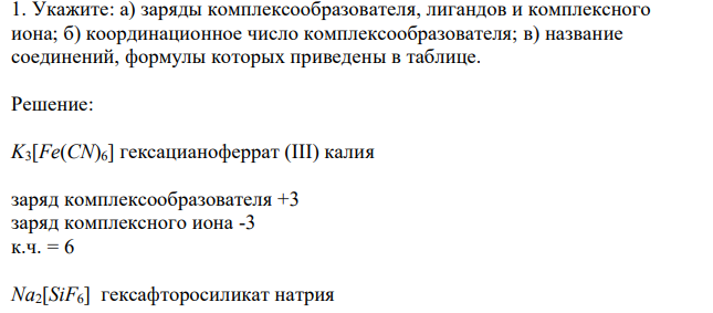  Укажите: а) заряды комплексообразователя, лигандов и комплексного иона; б) координационное число комплексообразователя; в) название соединений, формулы которых приведены в таблице. 