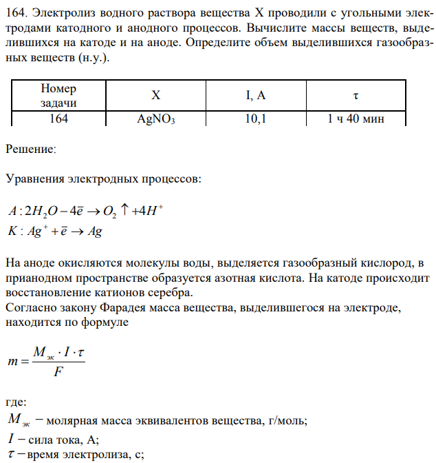 Электролиз водного раствора вещества X проводили с угольными электродами катодного и анодного процессов. Вычислите массы веществ, выделившихся на катоде и на аноде. Определите объем выделившихся газообразных веществ (н.у.). 