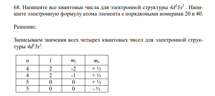 Напишите все квантовые числа для электронной структуры 4d25s2. Напишите электронную формулу атома элемента с порядковыми номерами 20 и 40. 