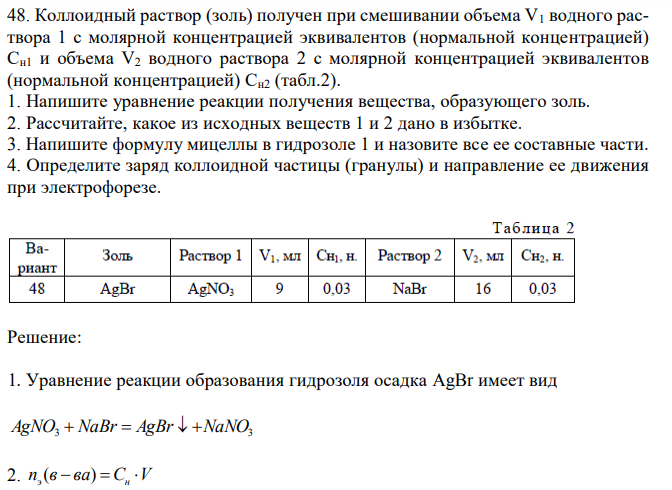 Коллоидный раствор (золь) получен при смешивании объема V1 водного раствора 1 с молярной концентрацией эквивалентов (нормальной концентрацией) Сн1 и объема V2 водного раствора 2 с молярной концентрацией эквивалентов (нормальной концентрацией) Сн2 (табл.2).